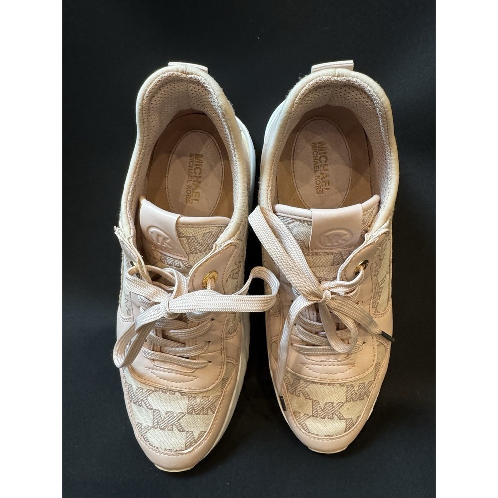 Michael Kors Muse Trainer Women's Low Top Lace Up Logo Sneakers Pink Gold Trim - Picture 12 of 14